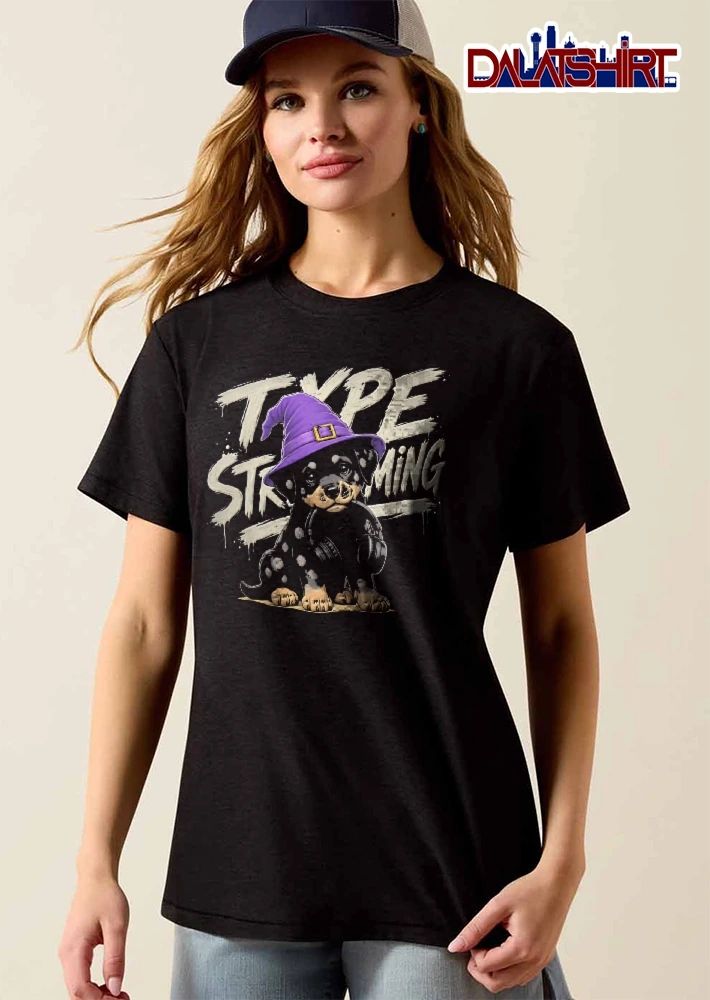 Type Streaming Rottweiler Puppy Purple Wizard Hat Headphones shirt