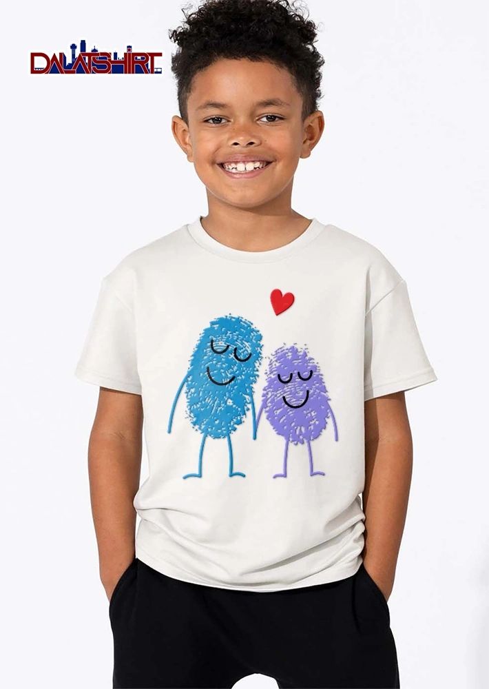 Blue Purple Fingerprint Characters Holding Hands Red Heart Cartoon shirt