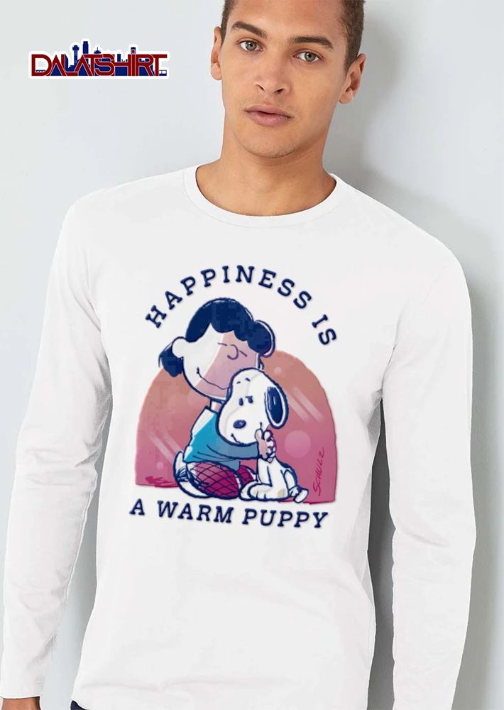 Happiness Is A Warm Puppy Schulz Cartoon Girl Hugging Dog Pink Background shirt