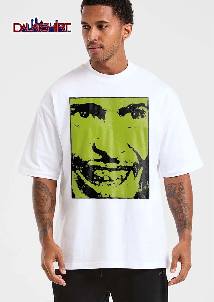 Lime Green Black High Contrast Close Up Smiling Face Screen Print Portrait shirt