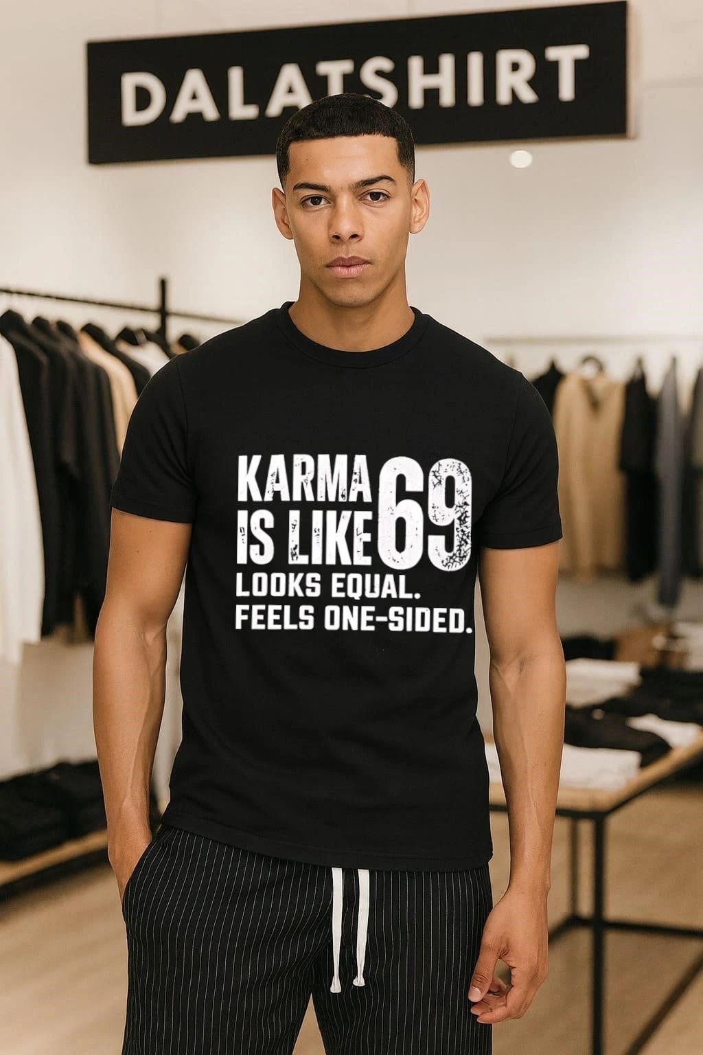 Premium Funny Quote Karma Is Like 69 Looks Equal Feels One Sided shirt