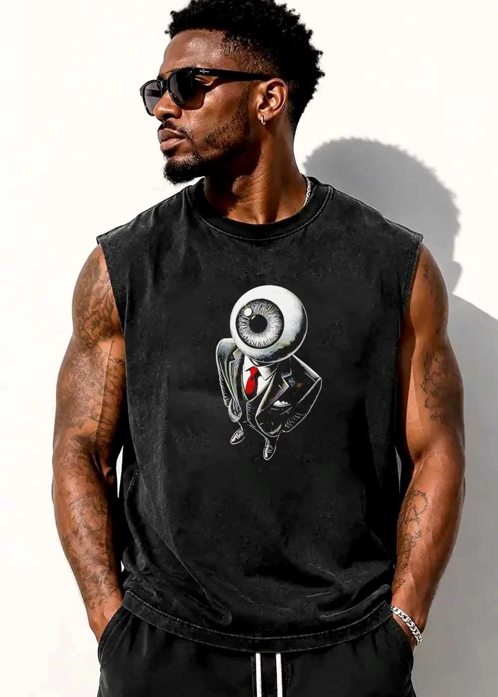 Surreal Eyeball Head Businessman Suit Red Tie Overhead View shirt
