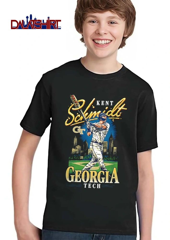 Georgia Tech Yellow Jackets NCAA Kent Schmidt Batter Swinging Hot Dog Bat Atlanta Skyline Field shirt