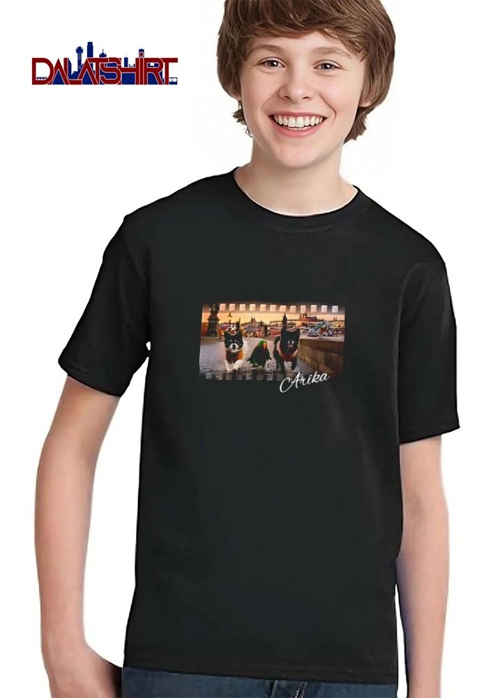 Arika Two Dogs Green Parrot Cobblestone Bridge Filmstrip shirt