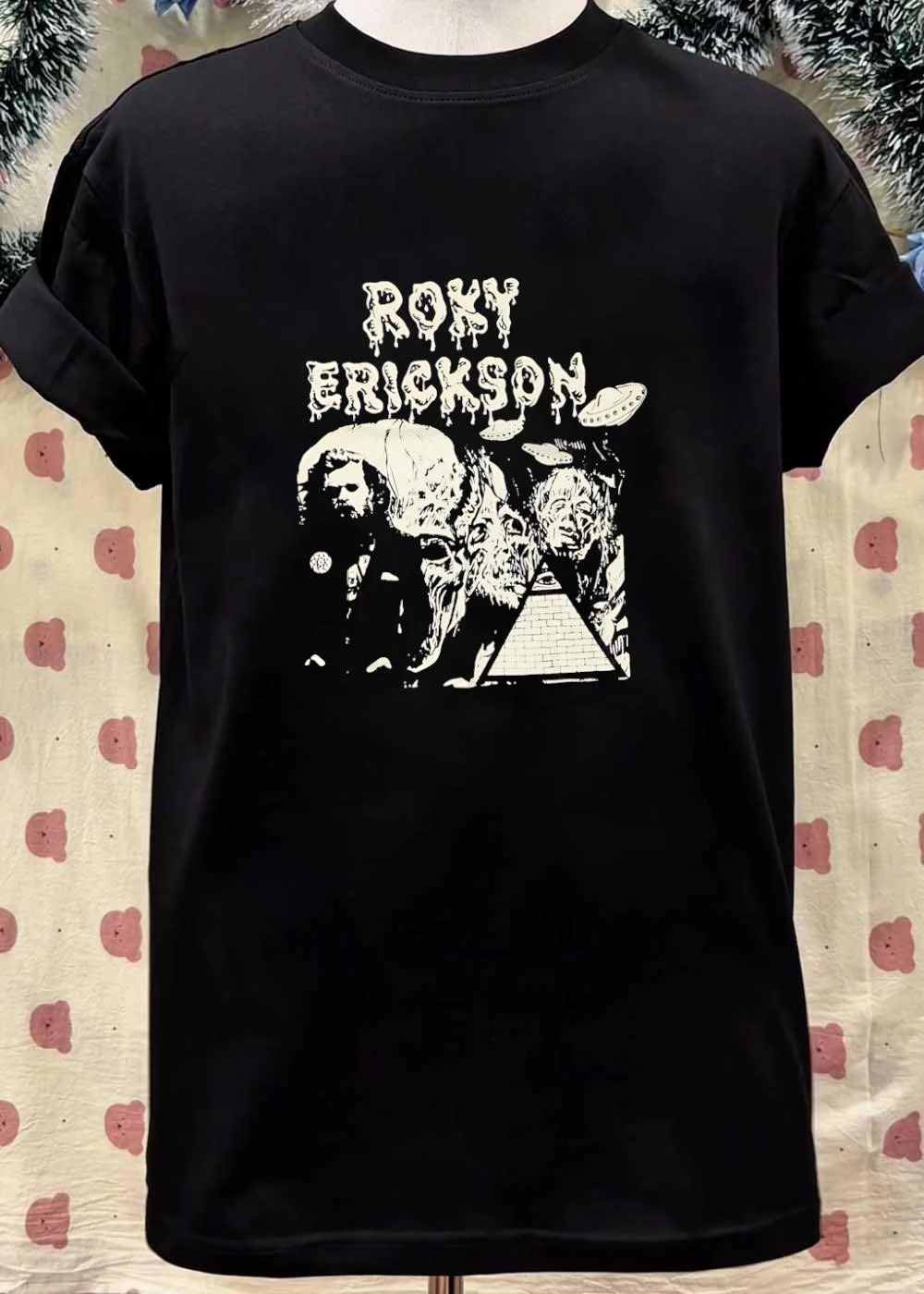 Psychedelic Rock Icon Roxy Erickson Dripping Font UFO Pyramid Black T-Shirt