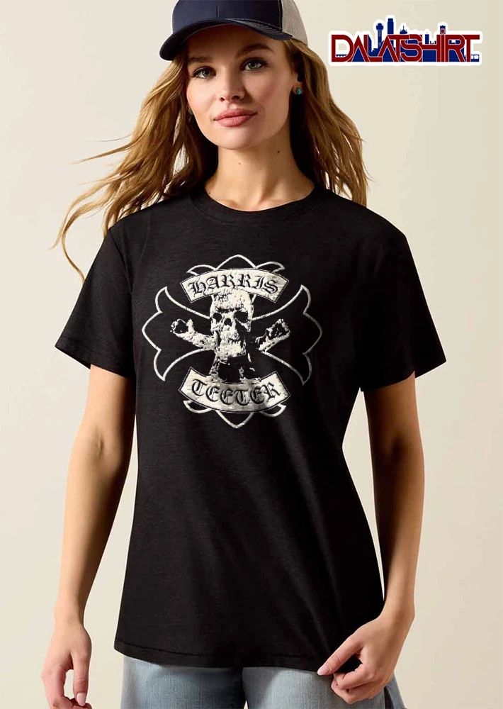 Harris Teeter Distressed Gothic Skull Skeletal Hands Iron Cross Arched Banners shirt
