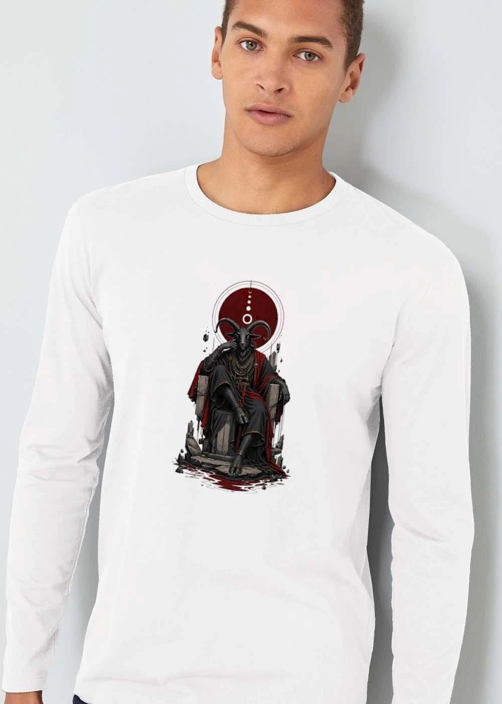 Anthropomorphic Black Horned Goat King Seated On Stone Throne Red Robe Halo shirt