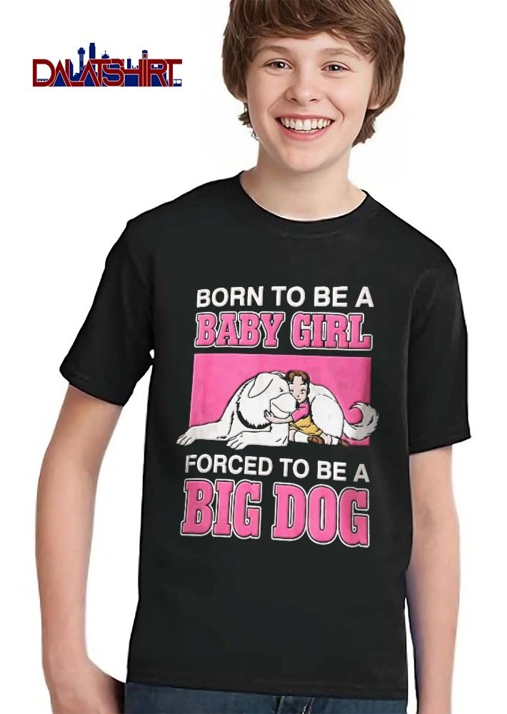 Born To Be A Baby Girl Forced Big Dog Anime Child Hugging Large White Canine Pink Frame Cartoon shirt