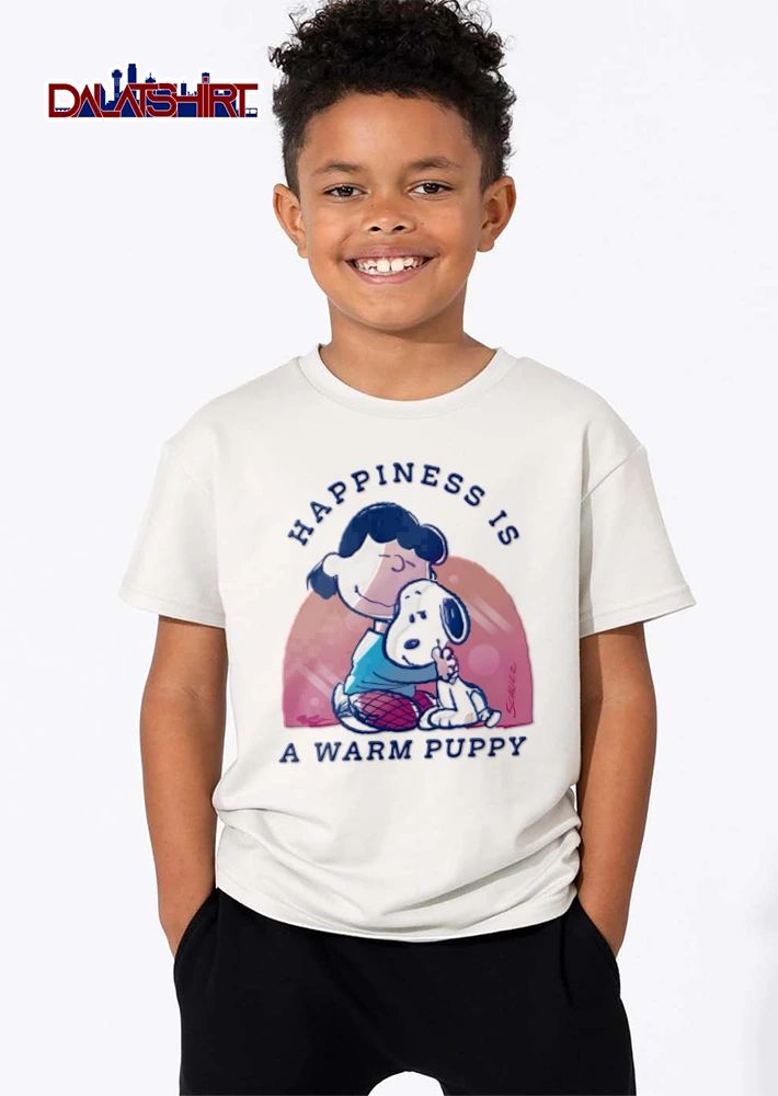 Happiness Is A Warm Puppy Schulz Cartoon Girl Hugging Dog Pink Background shirt
