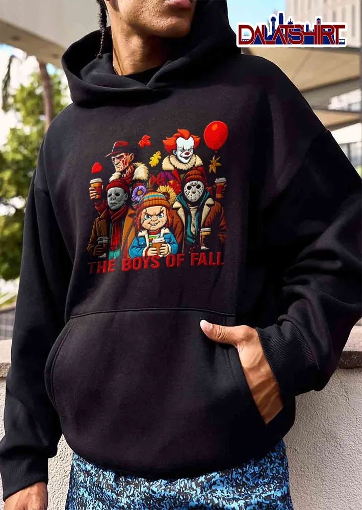 The Boys Of Fall Horror Movie Villains Holding Coffee Autumn Leaves Cartoon shirt
