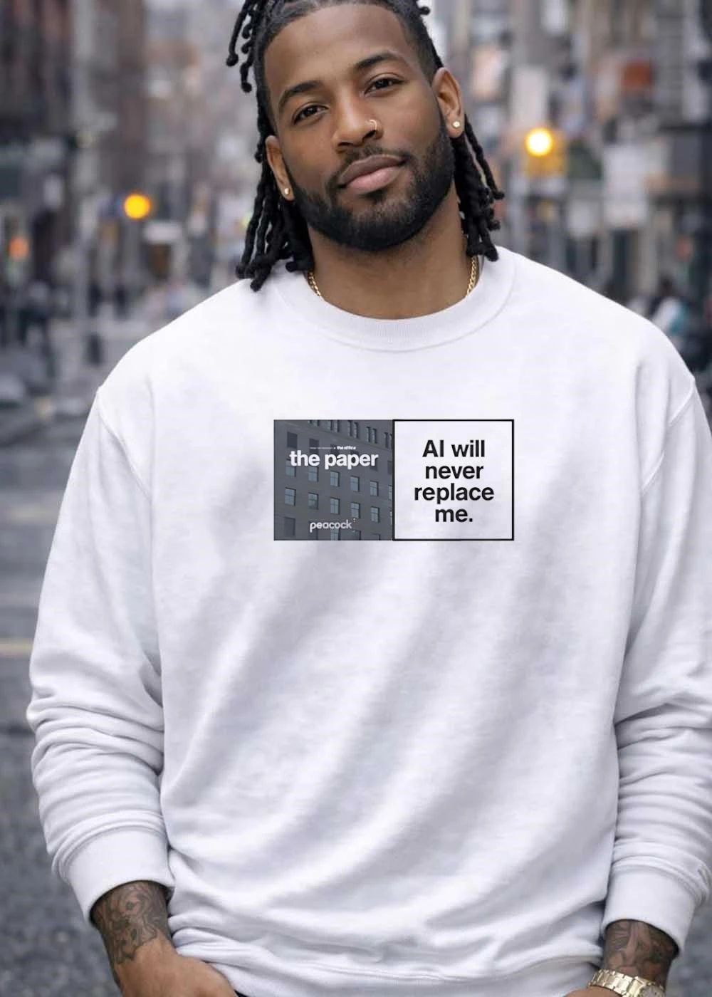 The Paper Peacock Ai Will Never Replace Me Split Screen Building Facade Text Box shirt