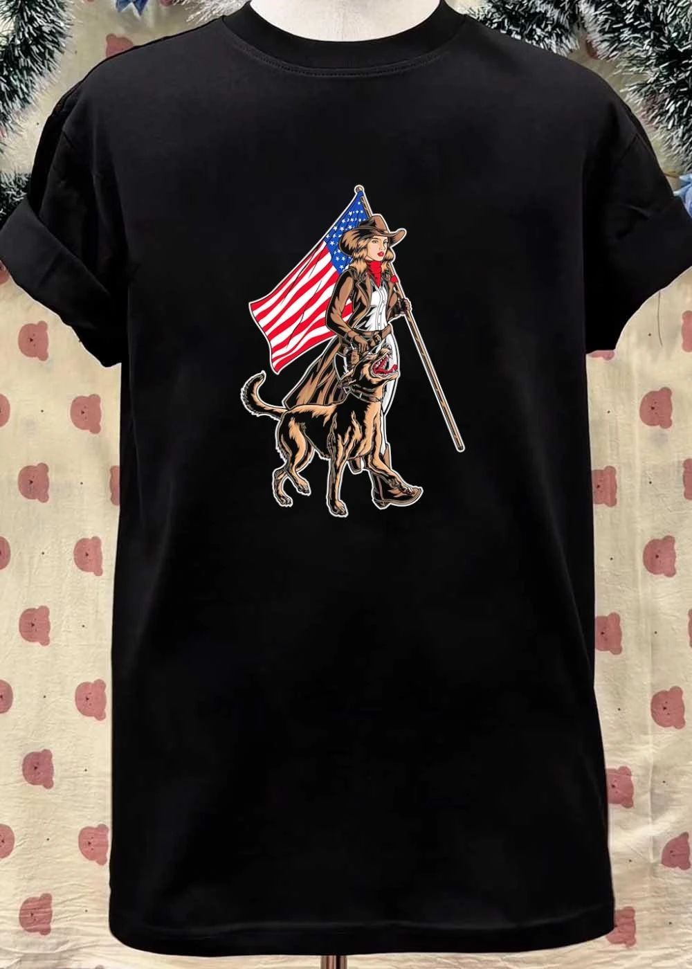 Patriotic Cowgirl and Loyal K9 Guardian Walking with the American Flag T-Shirt
