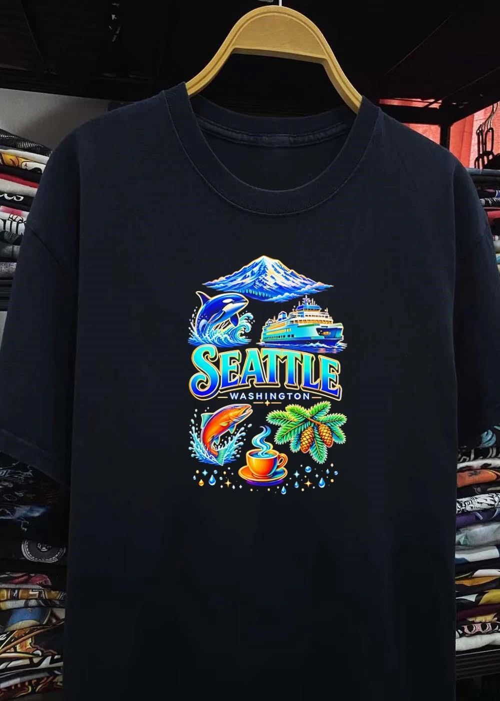 Seattle Washington Orca Ferry Salmon Coffee Pine Cone Mount Rainier shirt