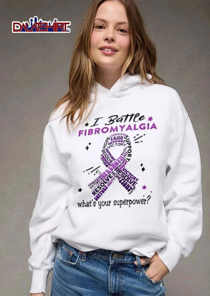 I Battle Fibromyalgia Whats Your Superpower Purple Awareness Ribbon Word Cloud Stars shirt
