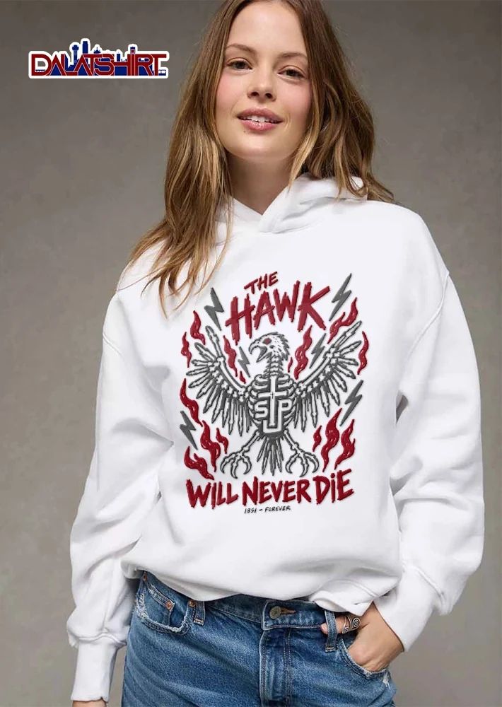 The Hawk Will Never Die 1851 Forever Skeletal Bird Wings Cross Flames Lightning Line Art shirt