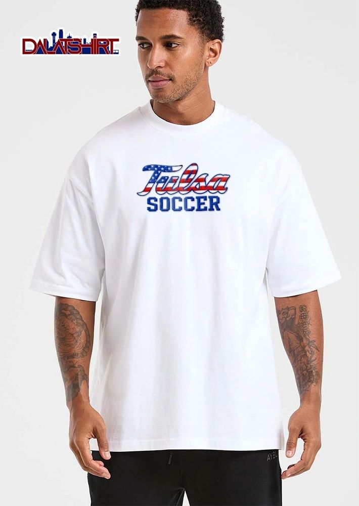Tulsa Soccer Script Block Text American Flag Stars Stripes shirt