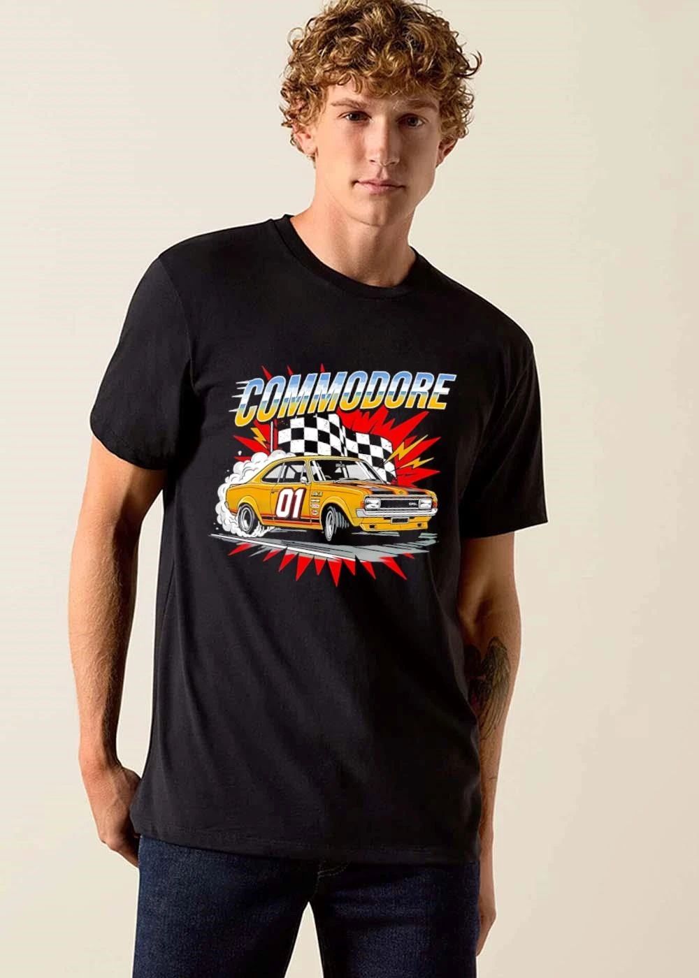 Commodore Yellow Vintage Race Car Drifting Checkered Flag Comic Starburst shirt