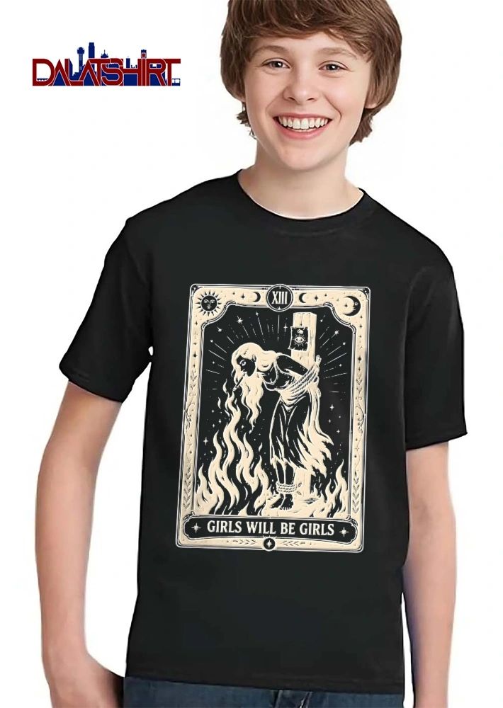 Girls Will Be Woman Tied Stake Lighting Cigarette Flame Tarot Card Line Art shirt