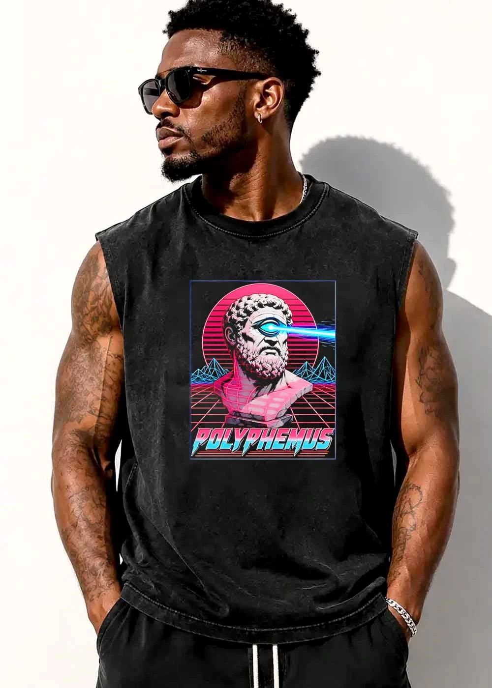 Polyphemus Retro Synthwave Neon Cyclops Bust Glowing Laser Eye Grid shirt