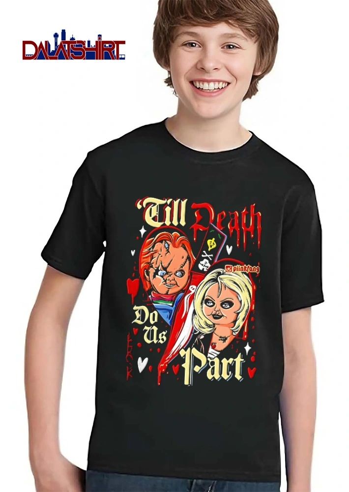Till Death Do US Part Piinkfang Cartoon Caricature Chucky Tiffany Bloody Knife Hearts shirt