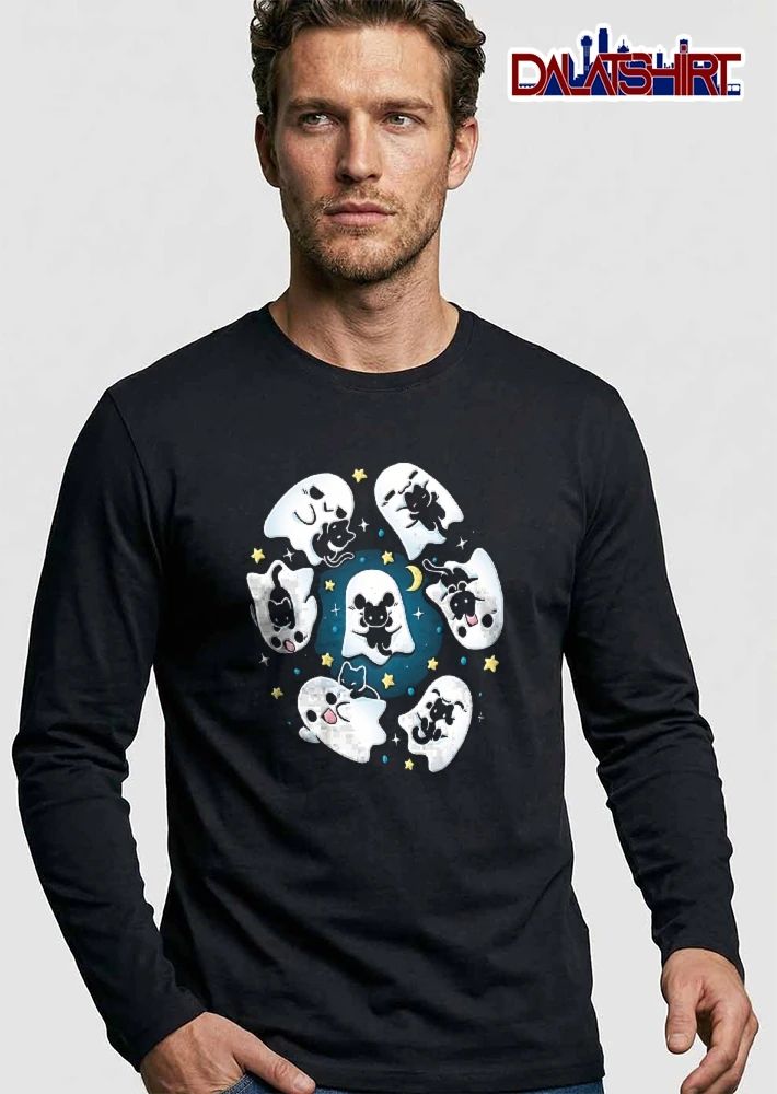 Cute Cartoon Black Cats Playing With White Ghosts Stars Moon shirt