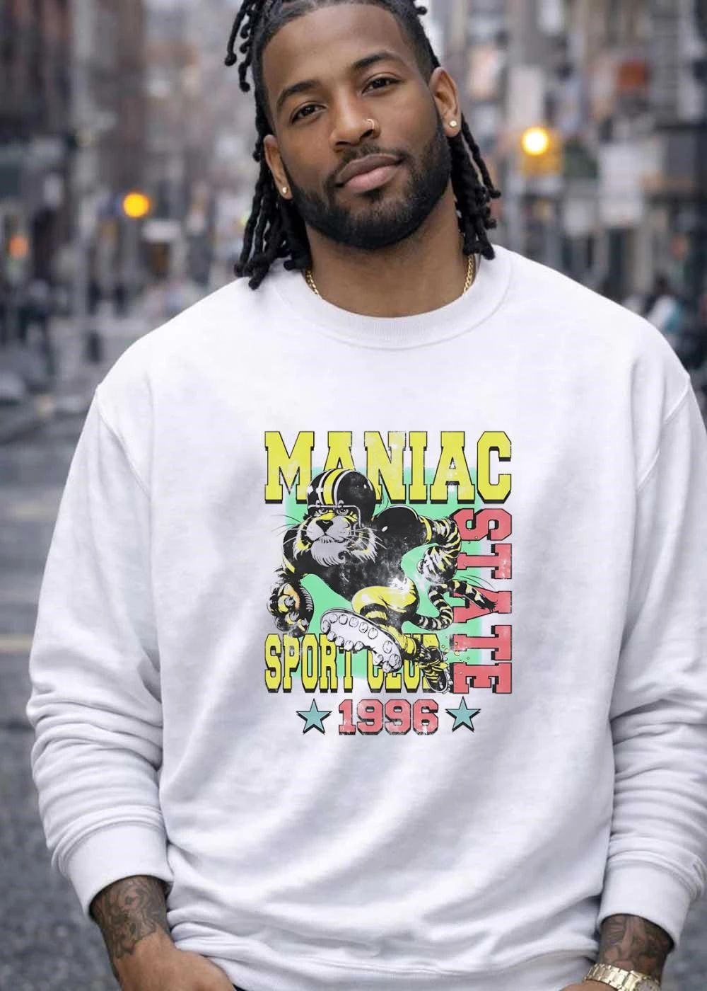 Athletic Tiger Mascot Running With Football Maniac State Sport Club 1996 shirt