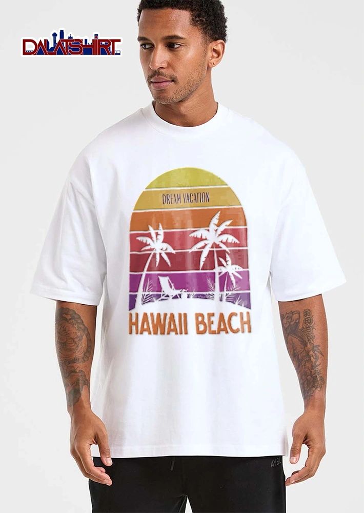 Dream Vacation Hawaii Beach Retro Sunset Arch Silhouette Palm Trees Lawn Chair shirt