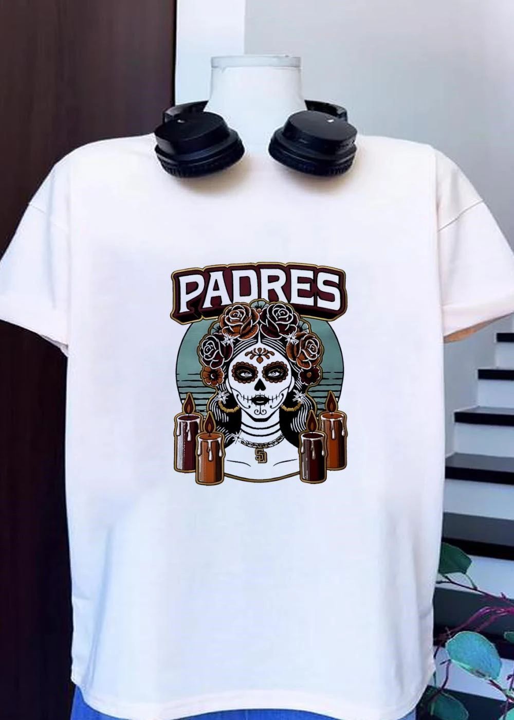 Sugar Skull Woman Wearing SD Pendant Candles Padres Shirt