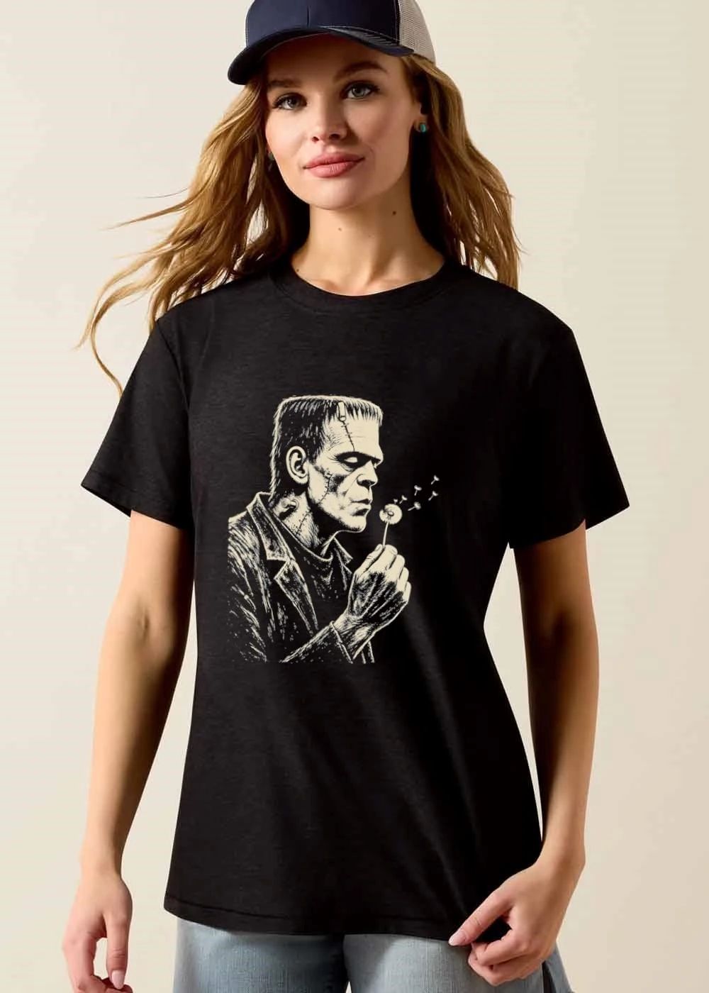 Frankenstein Monster Blowing Dandelion Seeds Retro Line Art Sketch shirt