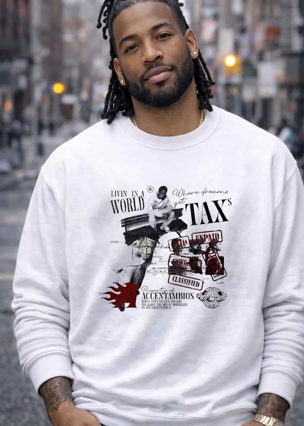 Property of Accentambios Man Sitting Livin in a World Where Dreams get Taxs Unpaid Classified T-Shirt