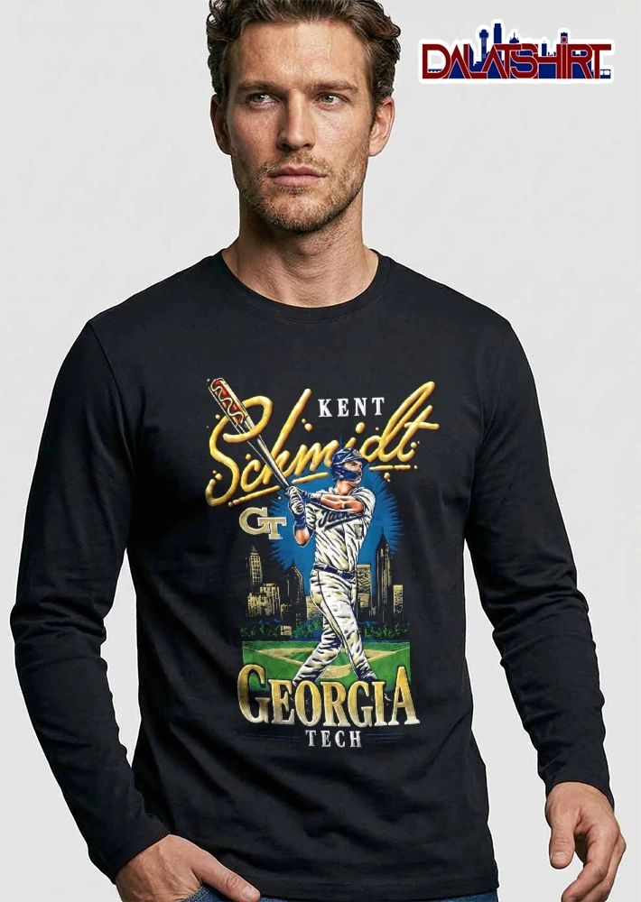 Georgia Tech Yellow Jackets NCAA Kent Schmidt Batter Swinging Hot Dog Bat Atlanta Skyline Field shirt