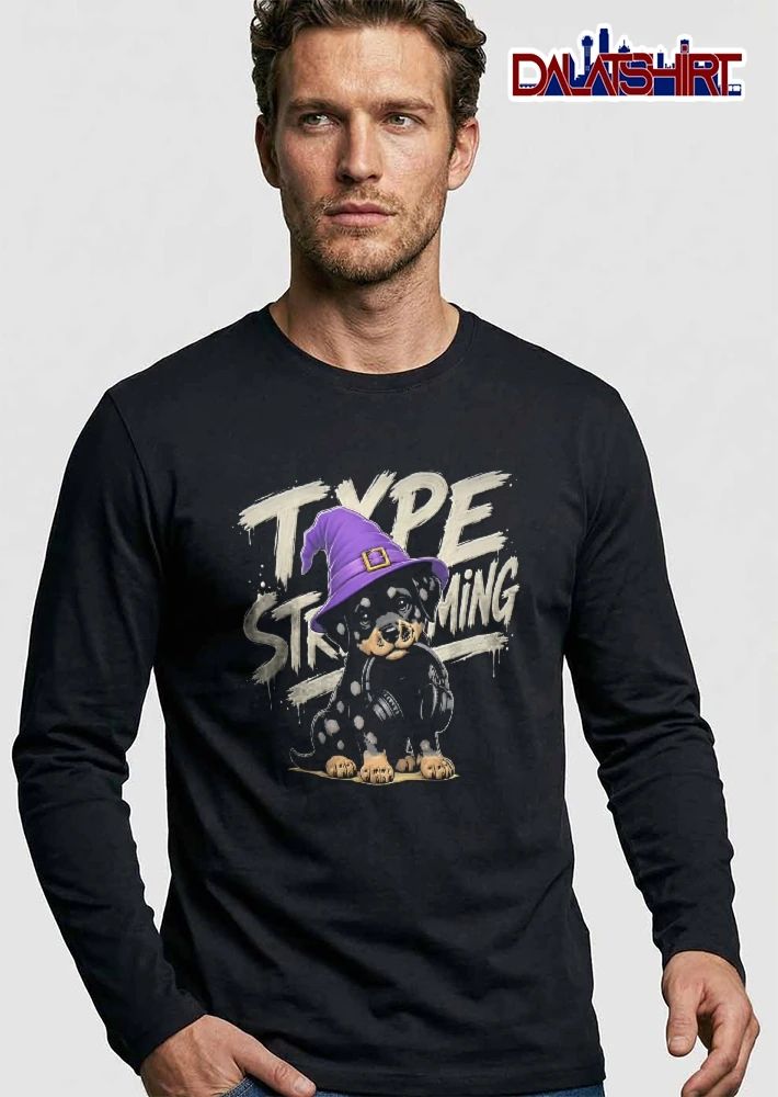 Type Streaming Rottweiler Puppy Purple Wizard Hat Headphones shirt
