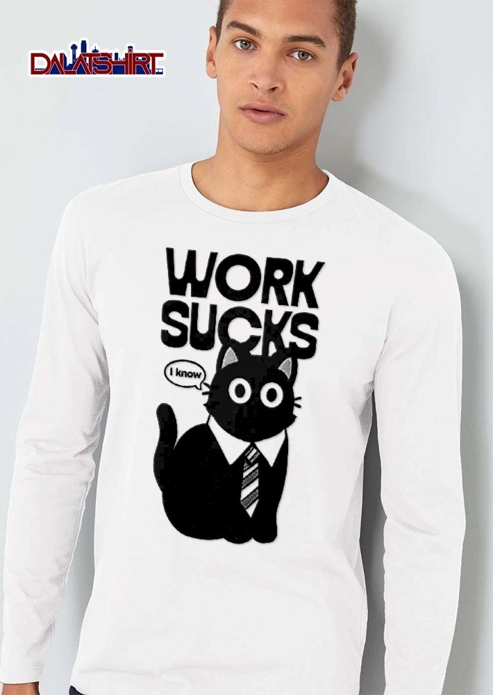 Work Sucks I Know Cartoon Black Cat shirt