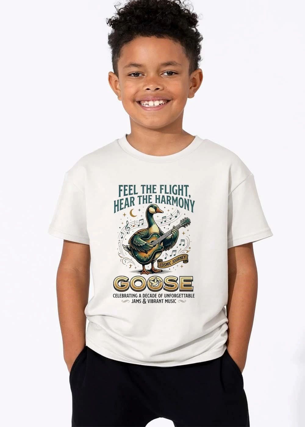 Goose Feel The Flight Hear Harmony Cosmic Journey Playing Guitar Musical Notes Moon shirt