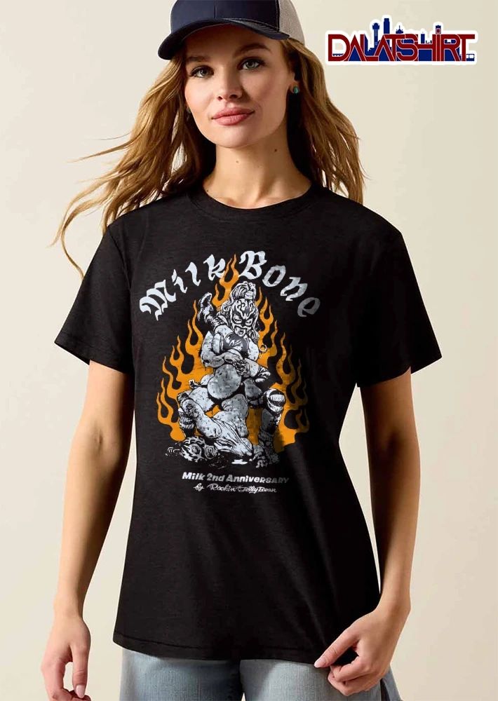 Milk Bone 2nd Anniversary By Rockin Jelly Bean Masked Wrestler Submission Hold Flames Line Art shirt