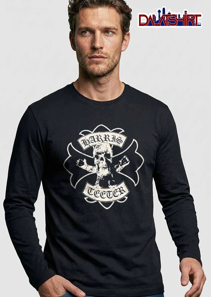 Harris Teeter Distressed Gothic Skull Skeletal Hands Iron Cross Arched Banners shirt