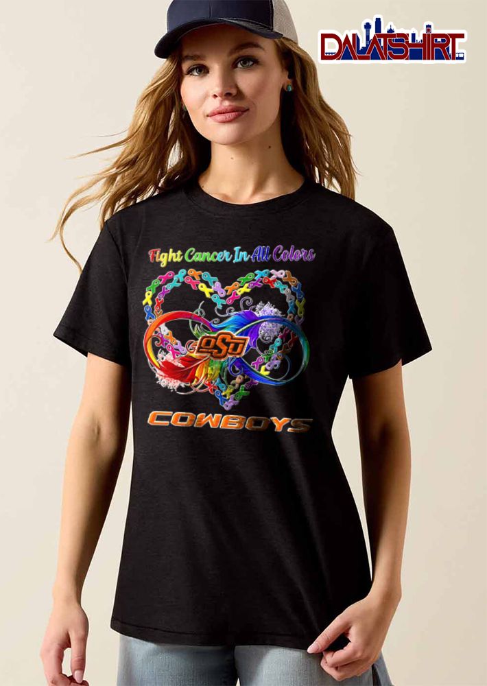 Oklahoma State Cowboys NCAA Fight Cancer In All Colors Ribbon Heart Infinity Symbol Rainbow Feather shirt