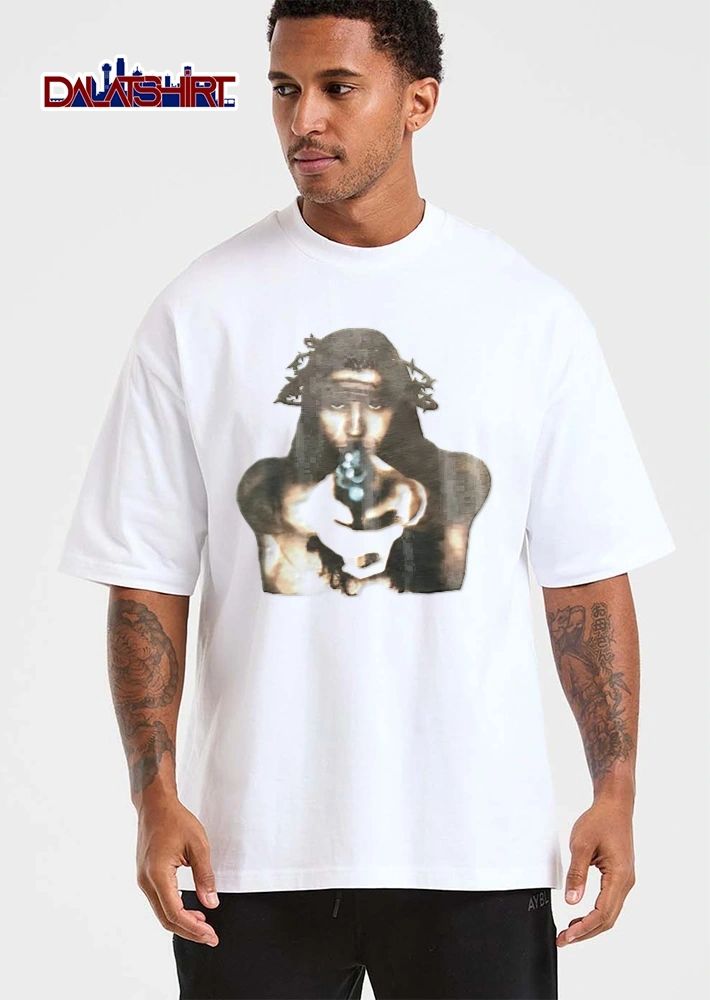 Jesus Christ Crown Of Thorns Holding Handgun Pointing Pistol Dark High Contrast shirt