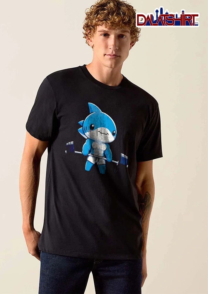 Cartoon Muscular Chibi Shark Gym Bodybuilder Lifting Heavy Barbell shirt