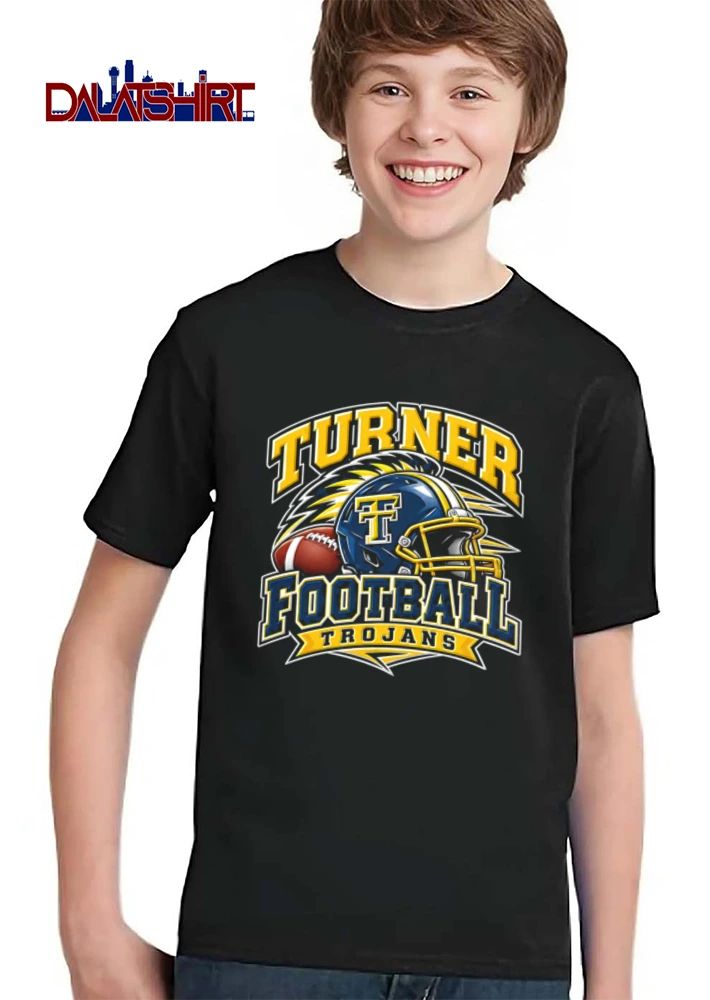 Turner Trojans Football Blue Yellow Helmet Plume Brown Pigskin shirt