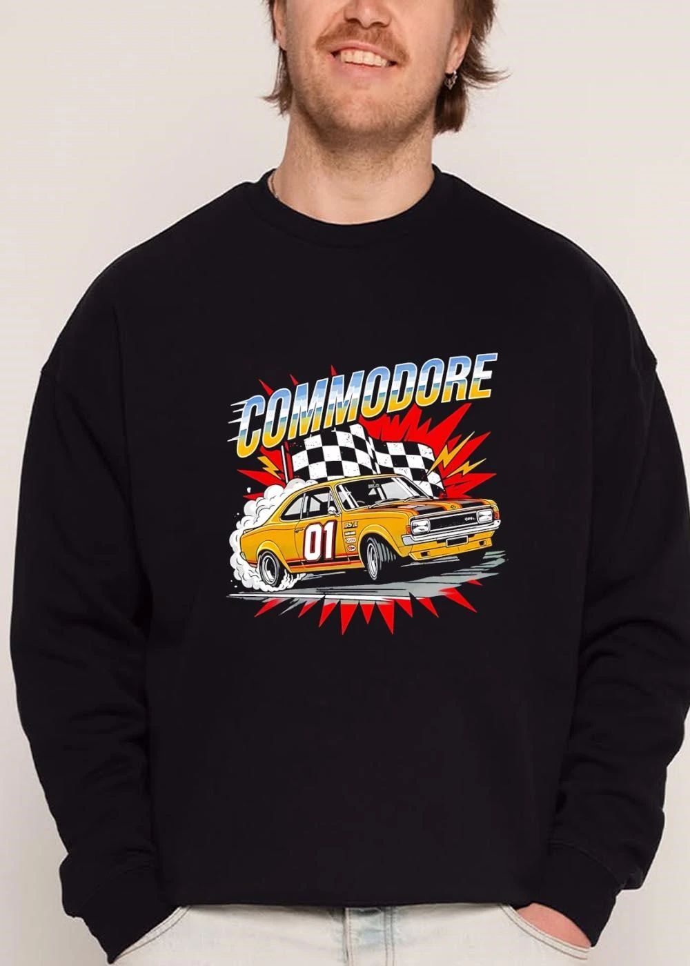 Commodore Yellow Vintage Race Car Drifting Checkered Flag Comic Starburst shirt