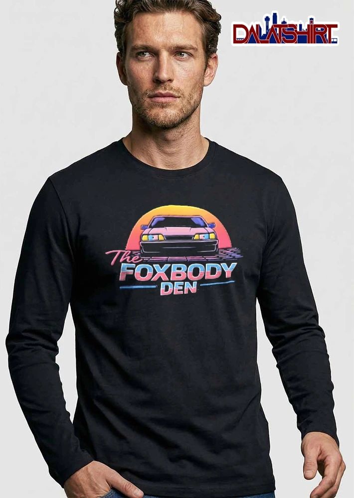 The Foxbody Den Retro Synthwave Front View Mustang Sunset shirt