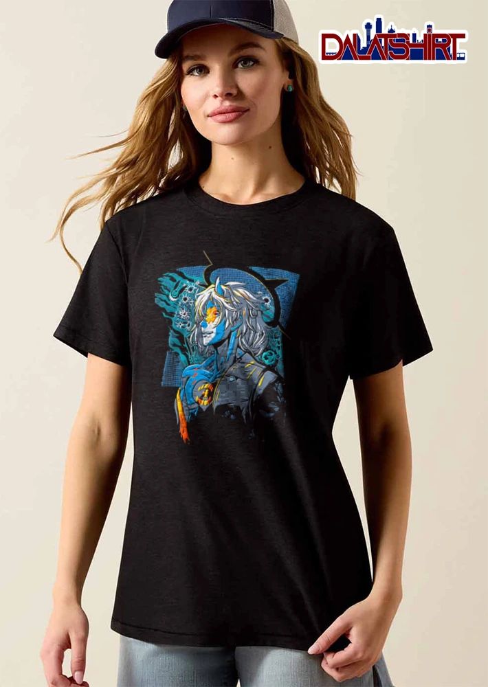 Anime Horned Male Portrait Spiked Halo Bullet Holes Halftone shirt