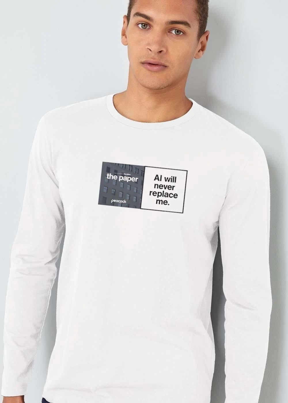 The Paper Peacock Ai Will Never Replace Me Split Screen Building Facade Text Box shirt