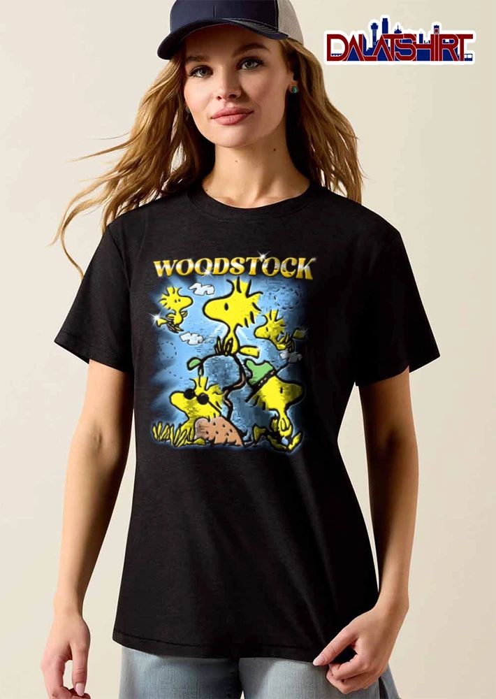 Woodstock Cartoon Yellow Birds Sunglasses Hat Sparkles Sky shirt