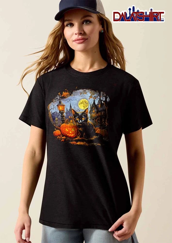 Vintage Black Cat Glowing Jackolantern Haunted Mansion Full Moon shirt