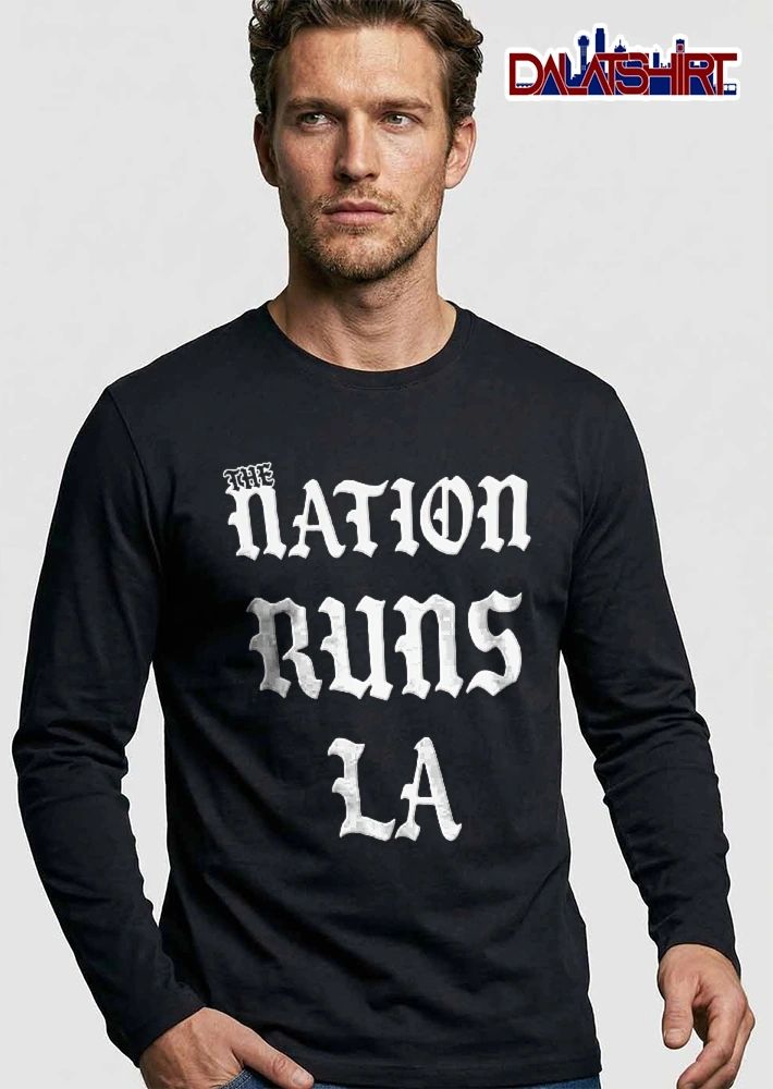 The Nation Runs LA White Old English Gothic Text Lettering shirt