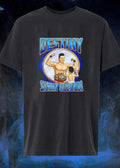 Destiny Sammy Guevara flexing with baby holding wrestling action figure shirt