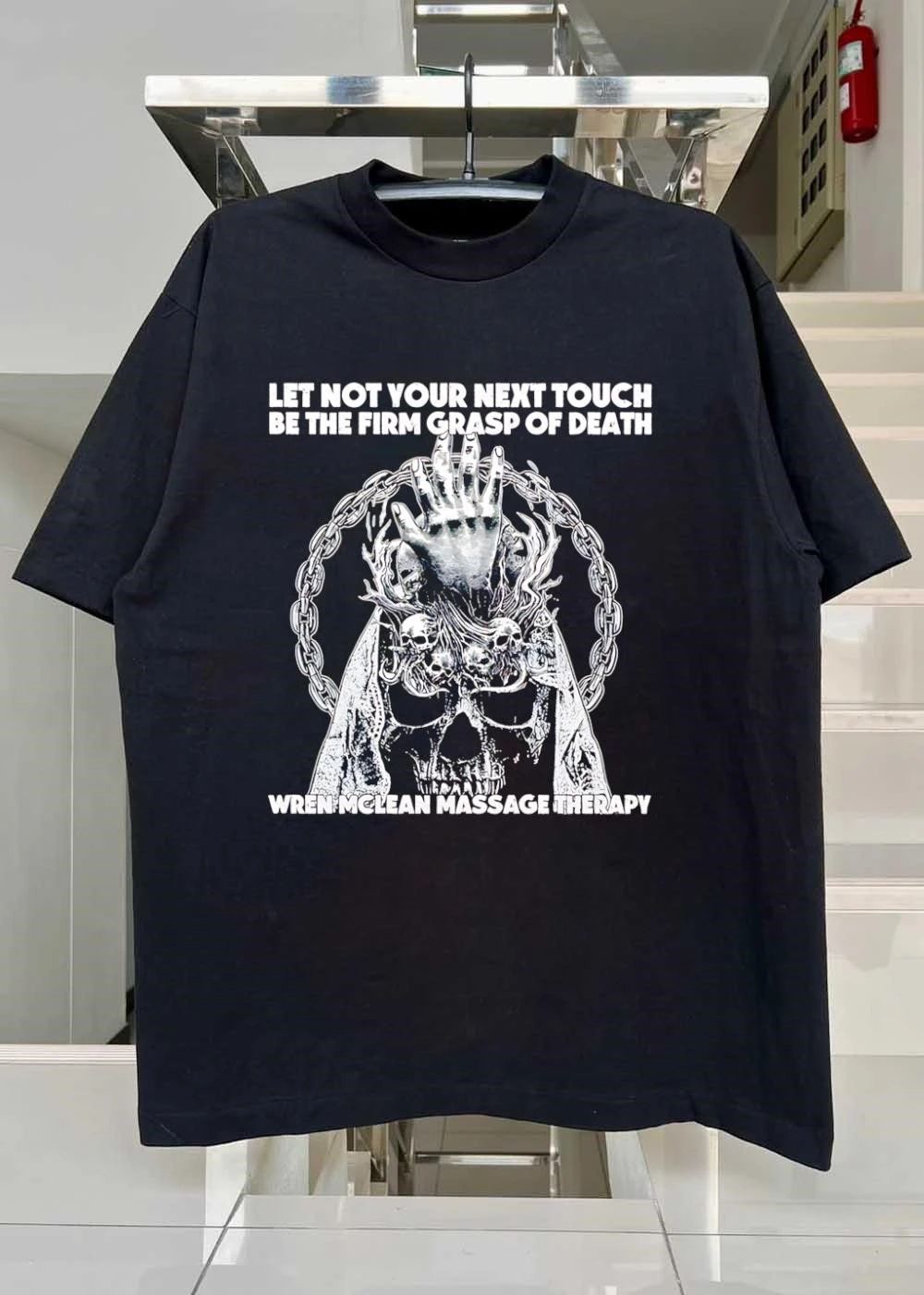 Wren Mclean Massage Therapy Let Not Your Next Touch Be The Firm Grasp Of Death Gothic Skull Reaching Hand Chains shirt