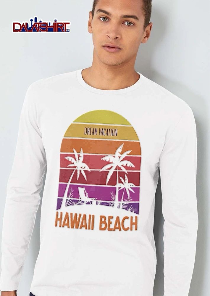 Dream Vacation Hawaii Beach Retro Sunset Arch Silhouette Palm Trees Lawn Chair shirt